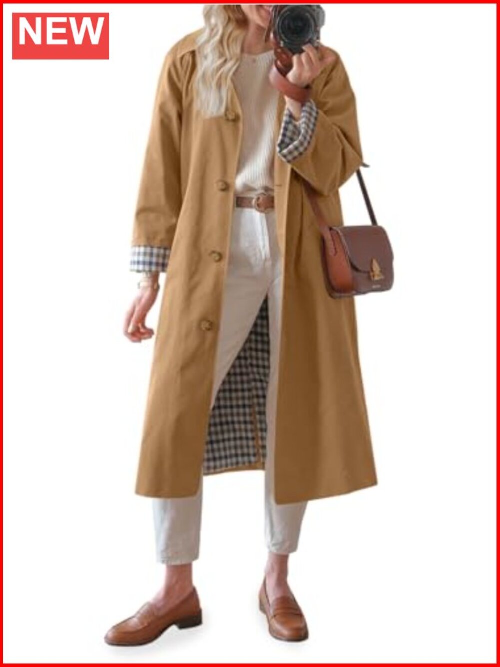 Women's Oversized Long Trench Coat 100% Polyester Windproof with Plaid Lining